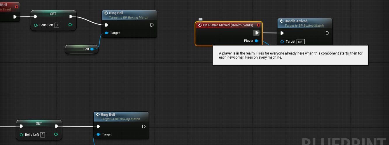On Player Arrived wired to Handle Arrived, with the node tooltip open