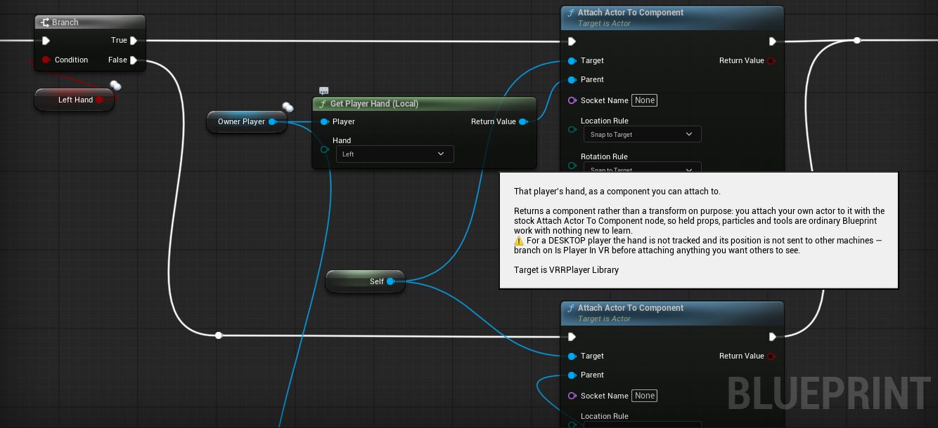Get Player Hand feeding Attach Actor To Component in the glove Setup