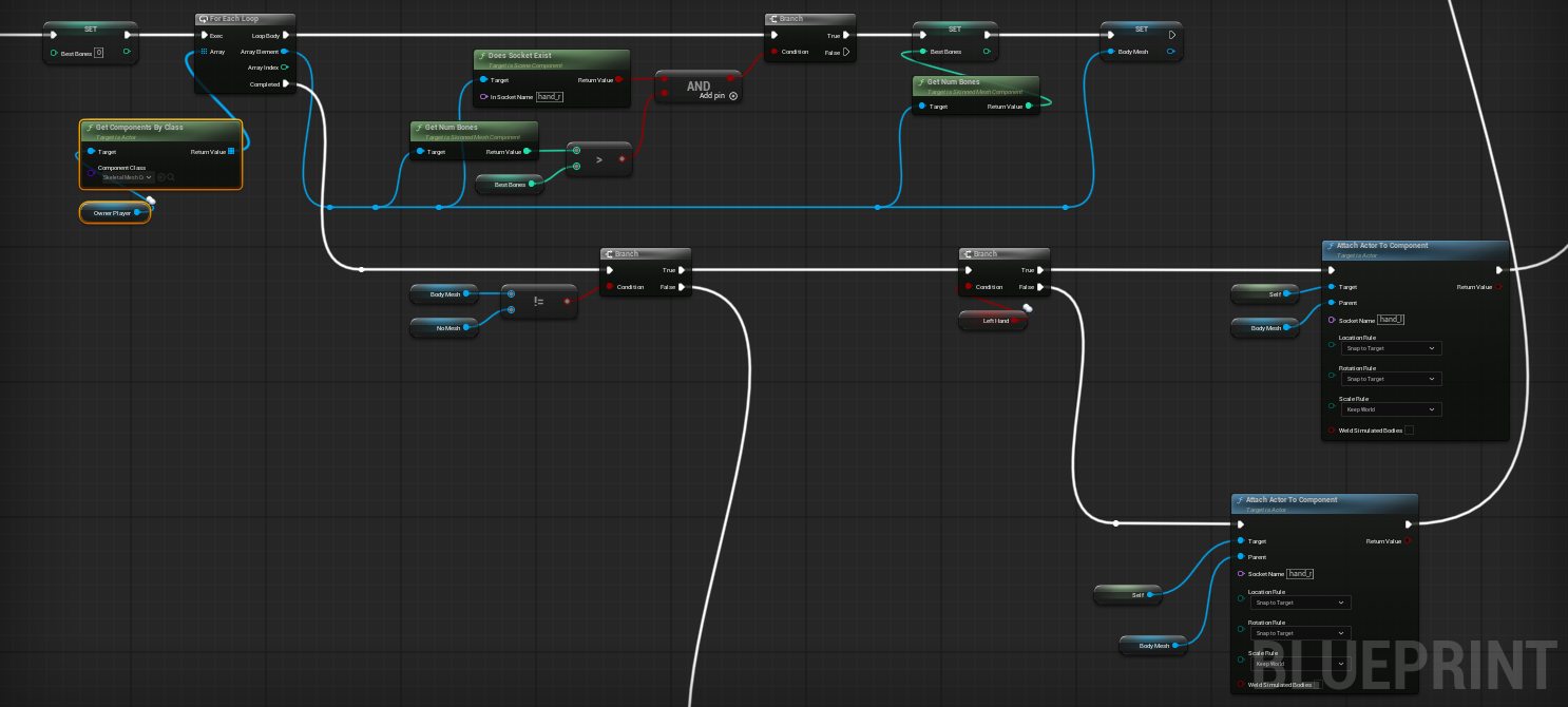 The desktop branch of the glove Setup: a loop over skeletal mesh components and two attach nodes