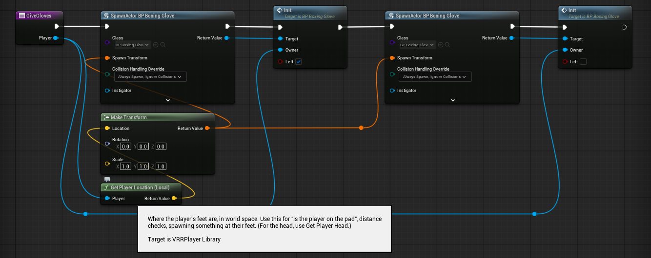 The GiveGloves function: two Spawn Actor nodes and two Init calls