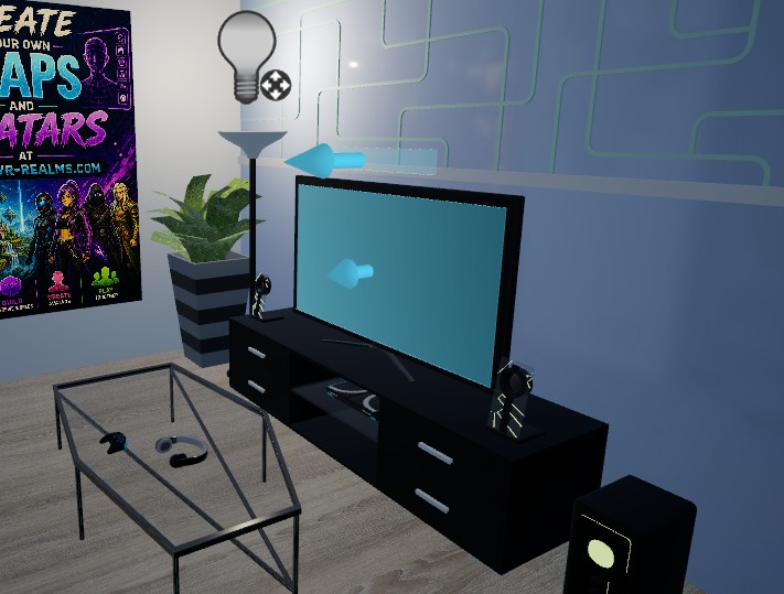 A Video Bar Layout marker floating above a TV in the editor, its arrow pointing out towards the room