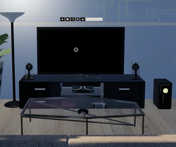 In game: the control bar sits above the TV instead of below it, clear of the cabinet