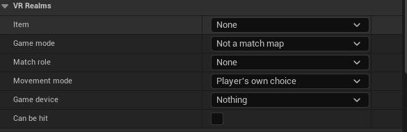 The VR Realms section of the Details panel on a marker: Item, Game mode, Match role, Movement mode, Game device, Can be hit