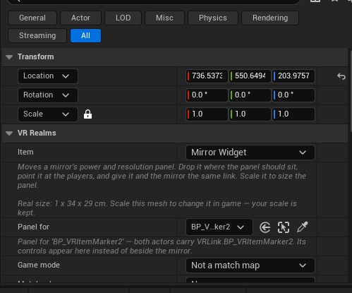 The VR Realms panel with Item set to Mirror Widget and Panel for pointed at a mirror