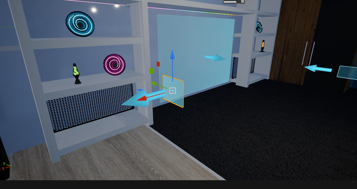 A Mirror Widget marker placed in front of a mirror in the editor, its arrow pointing out into the room