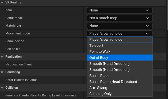 The Movement mode dropdown open, listing the locomotion styles from Player’s own choice to Climbing Only