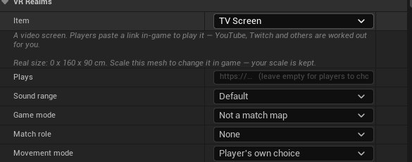 The TV Screen rows: the description, Plays with a URL field, Sound range set to Default