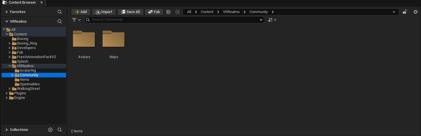 The Content Browser open on Content/VRRealms/Community with Avatars and Maps folders