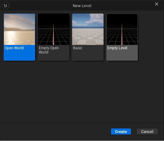 The New Level dialog in the kit project with Open World, Empty Open World, Basic and Empty Level