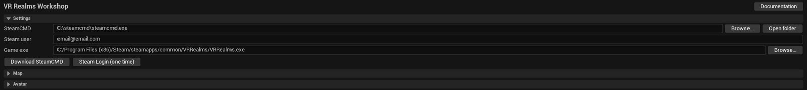 The Settings section of the panel: SteamCMD path, Steam user, game exe, Download SteamCMD and Steam Login buttons