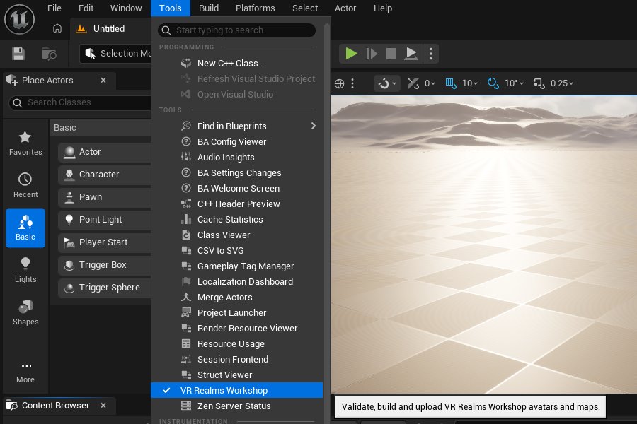 The Tools menu with VR Realms Workshop highlighted and its tooltip