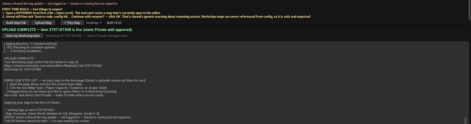 The panel after an upload: UPLOAD COMPLETE, the item link, and the tag log