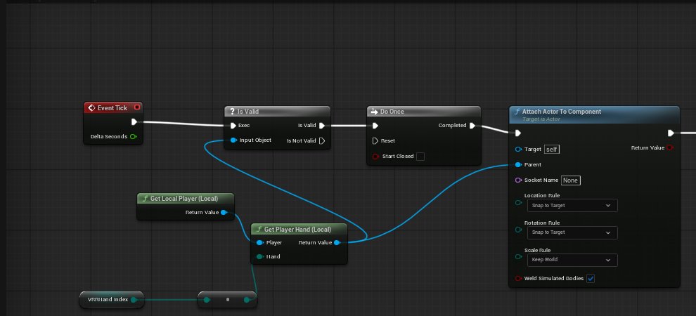 BP_Saber Event Tick: Is Valid on Get Player Hand, Do Once, then Attach Actor To Component
