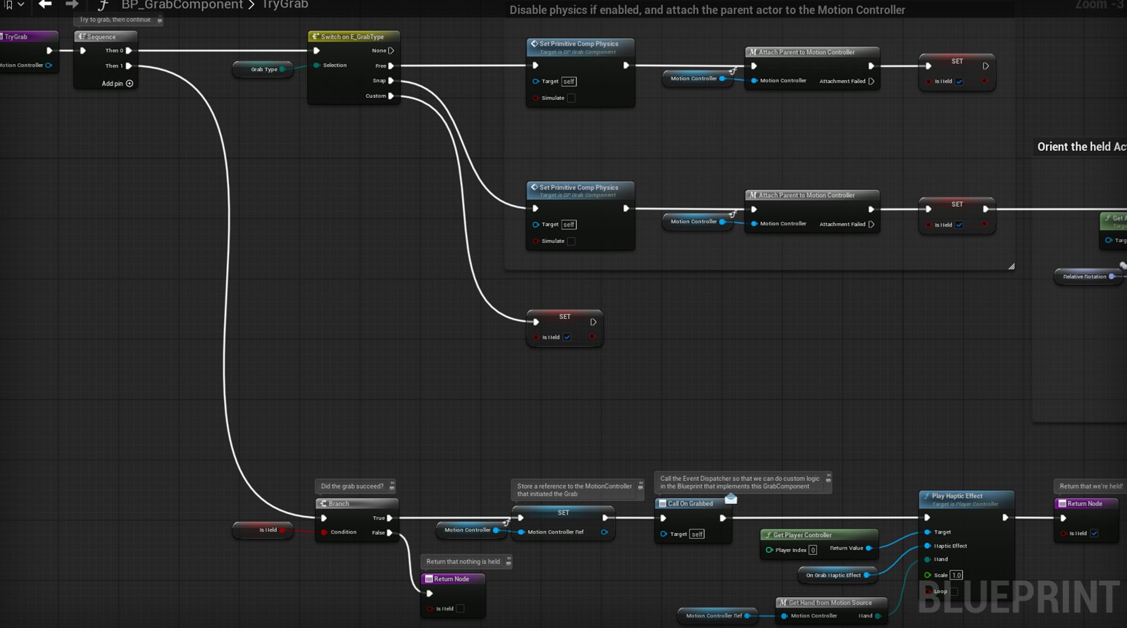 The template&rsquo;s BP_GrabComponent TryGrab function: attach to motion controller, set physics, haptics, event dispatchers
