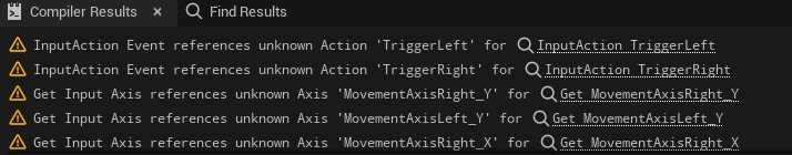 Compiler warnings listing unknown input actions and axes from the template