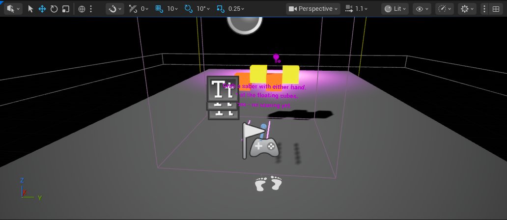 The saber level open in the editor viewport, with the start table and the floating cubes