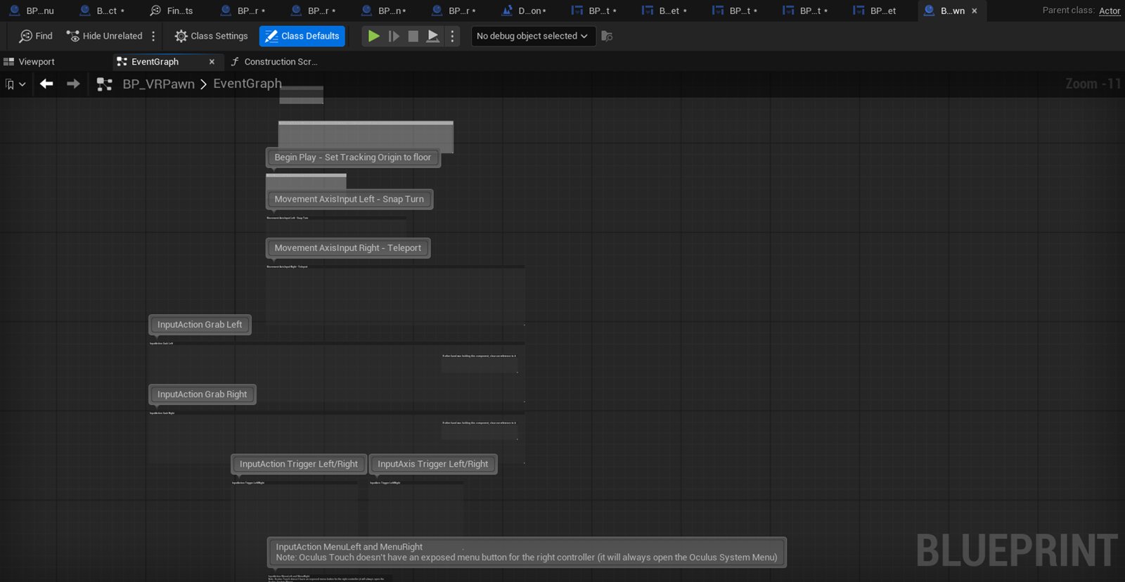 BP_VRPawn after demotion: Parent class Actor in the corner, and an Event Graph reduced to empty comment boxes