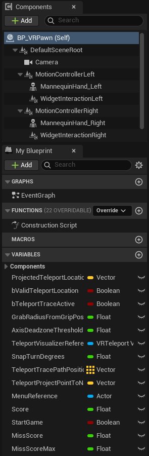 The BP_VRPawn components and variable list: camera, motion controllers, teleport plumbing, and the four game variables at the bottom
