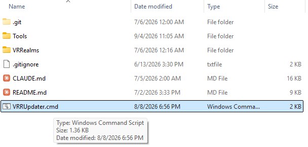 The kit folder in File Explorer with VRRUpdater.cmd selected