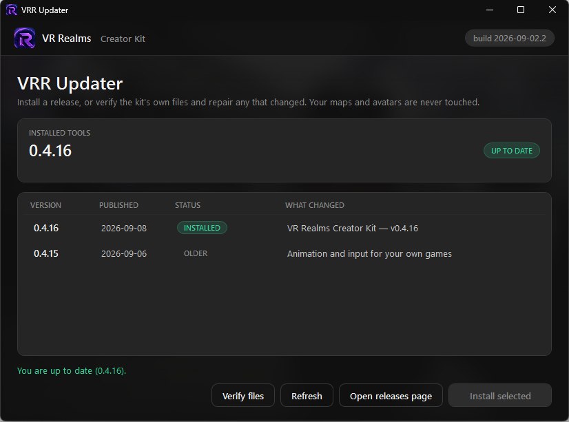 VRR Updater showing the installed release marked INSTALLED and the previous one marked OLDER