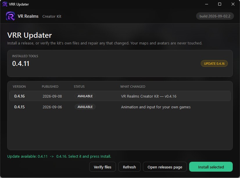 VRR Updater showing an installed version, an UPDATE badge, and two releases listed as available