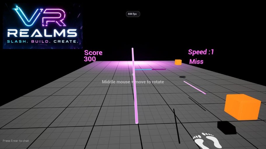The converted saber game running in VR Realms: score, speed and miss counters over the grid floor