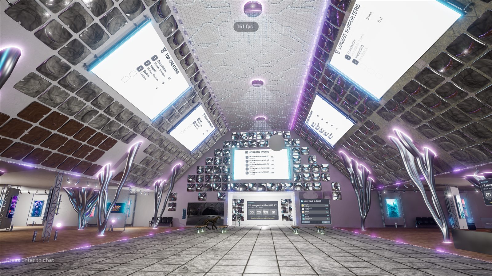 The hub with leaderboards on the ceiling panels: Top Creators, Longest Supporters, Most Time in Game, Upcoming Events, and a countdown to the next event on the far wall